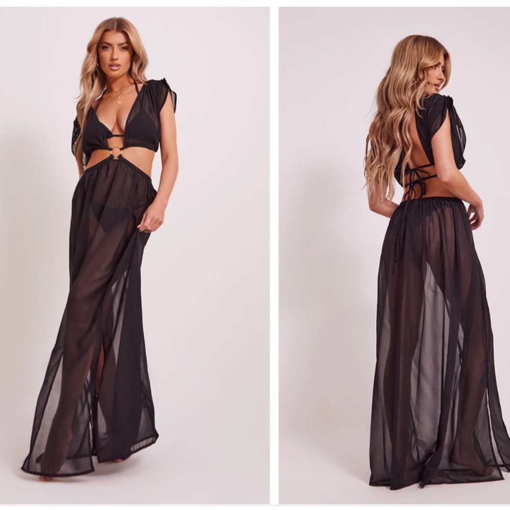 PrettyLittleThing Black Puff Sleeve Beach Dress